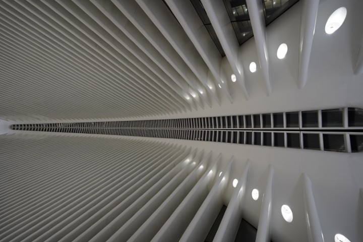 The inside of the Westfield World Trade Center shopping mall. The picture shows the interesting architecture of the roof of the building, in black and white.